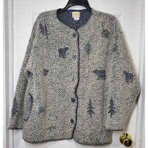 Artisans Knit Cardigan Sweater Women Large Blue Gray Folk Art Button Front